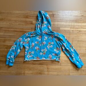 Levi's Blue Floral Cropped Hoodie Womens XS Raw Edge Cut Off Sweatshirt